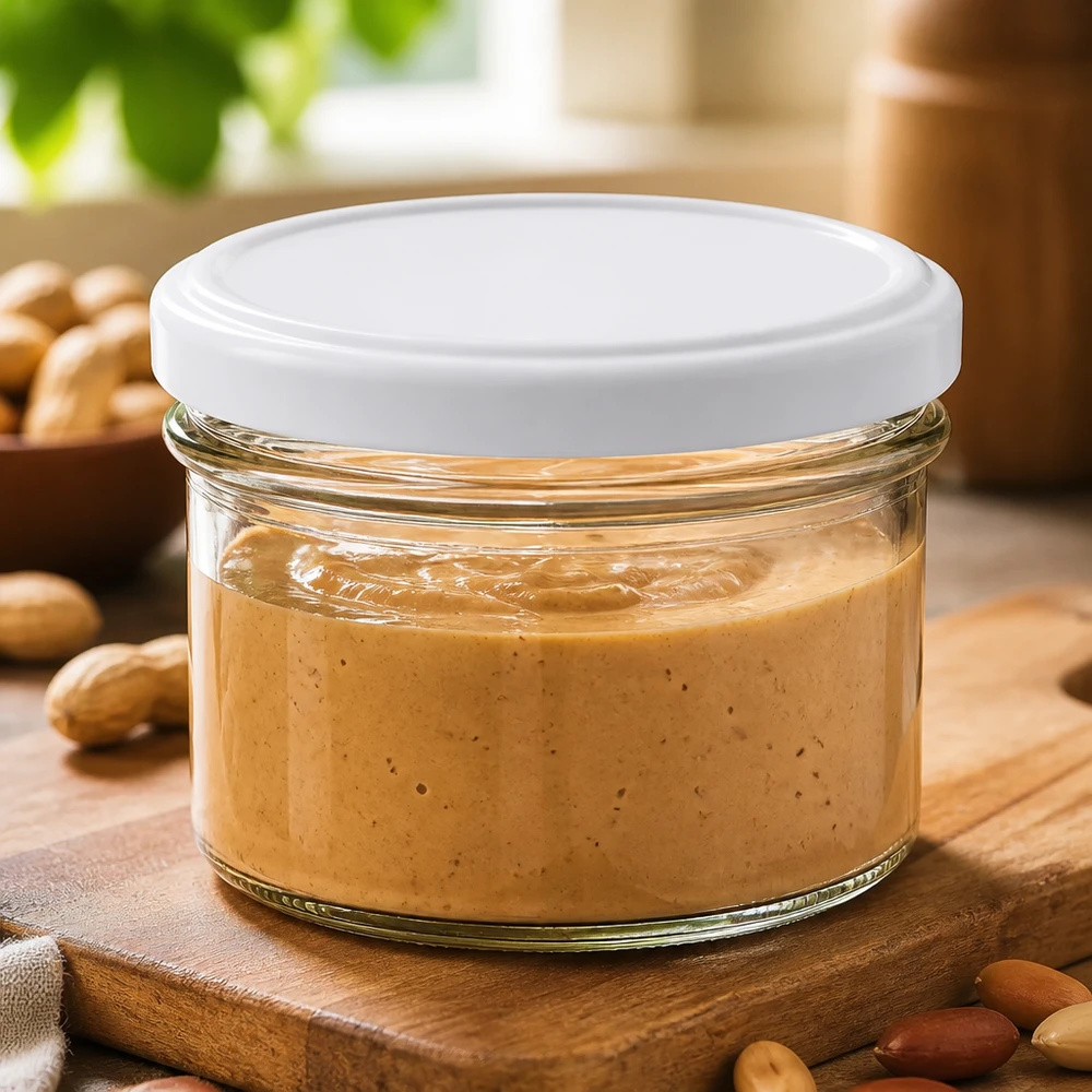 225ml Verre conique avec couvercle BasicSeal blanc UNiTWIST Verre renversé BasicSeal de 225 ml rempli de beurre de noix entouré d'amandes et de noix sur un fond en bois