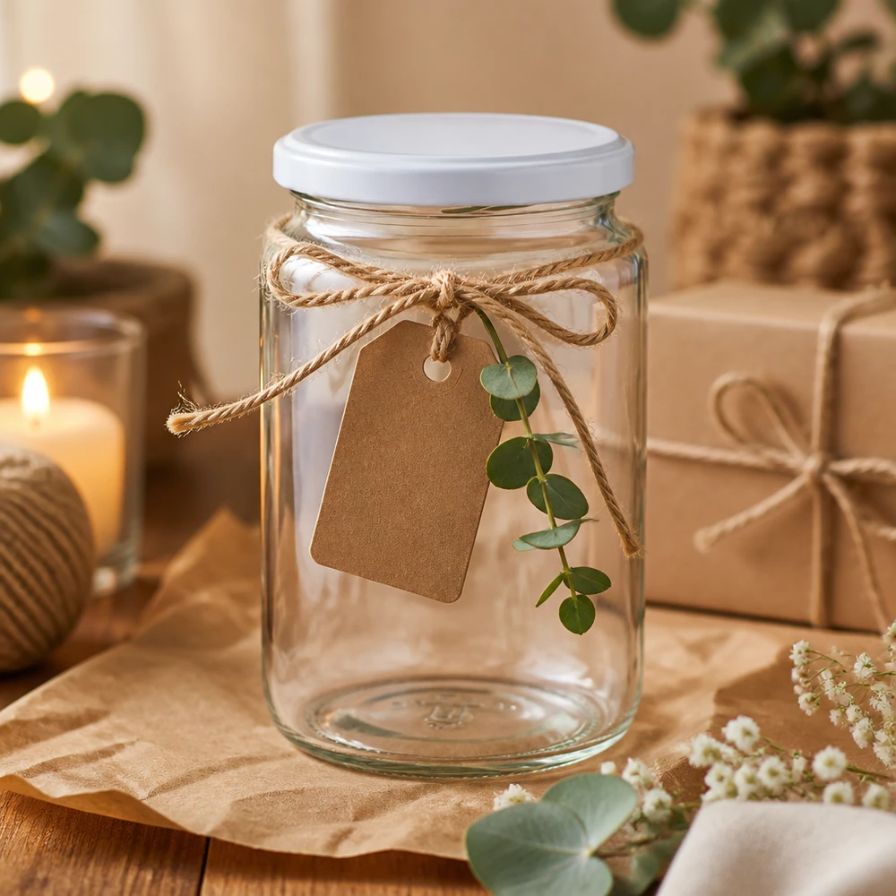 795ml Verre rond avec couvercle BasicSeal blanc UNiTWIST Verre rond 795ml UNiTWIST arrangé de manière décorative avec ruban en raphia, étiquette cadeau et branche d'eucalyptus comme idée de décoration