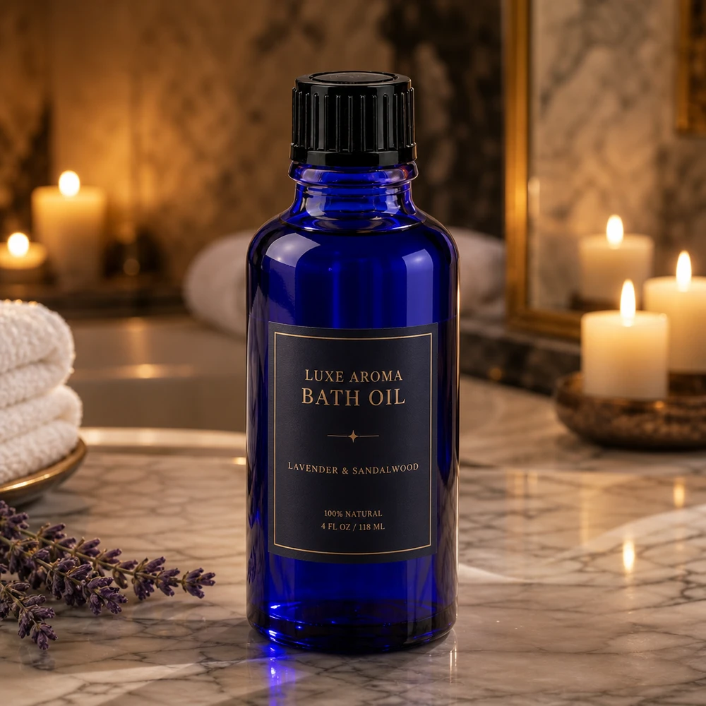 Flacon de pharmacie bleu 30ml bouchon vissable noir std Petite bouteille en verre bleue de 30 ml avec un bouchon à vis noir posée sur du marbre blanc