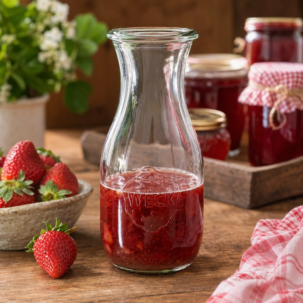 WECK Bouteille de jus 530ml RR60 remplie de jus de fraise à côté de pots de confiture et d'un torchon de cuisine à carreaux décoré de manière rustique