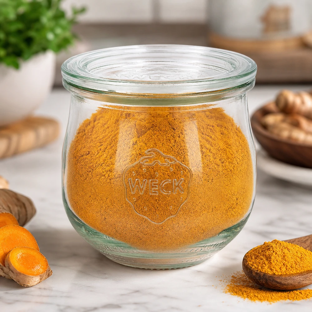 WECK Pot tulipe 370ml RR80 rempli de poudre de curcuma dans la cuisine à côté de racines de curcuma et d'épices sur une planche en bois