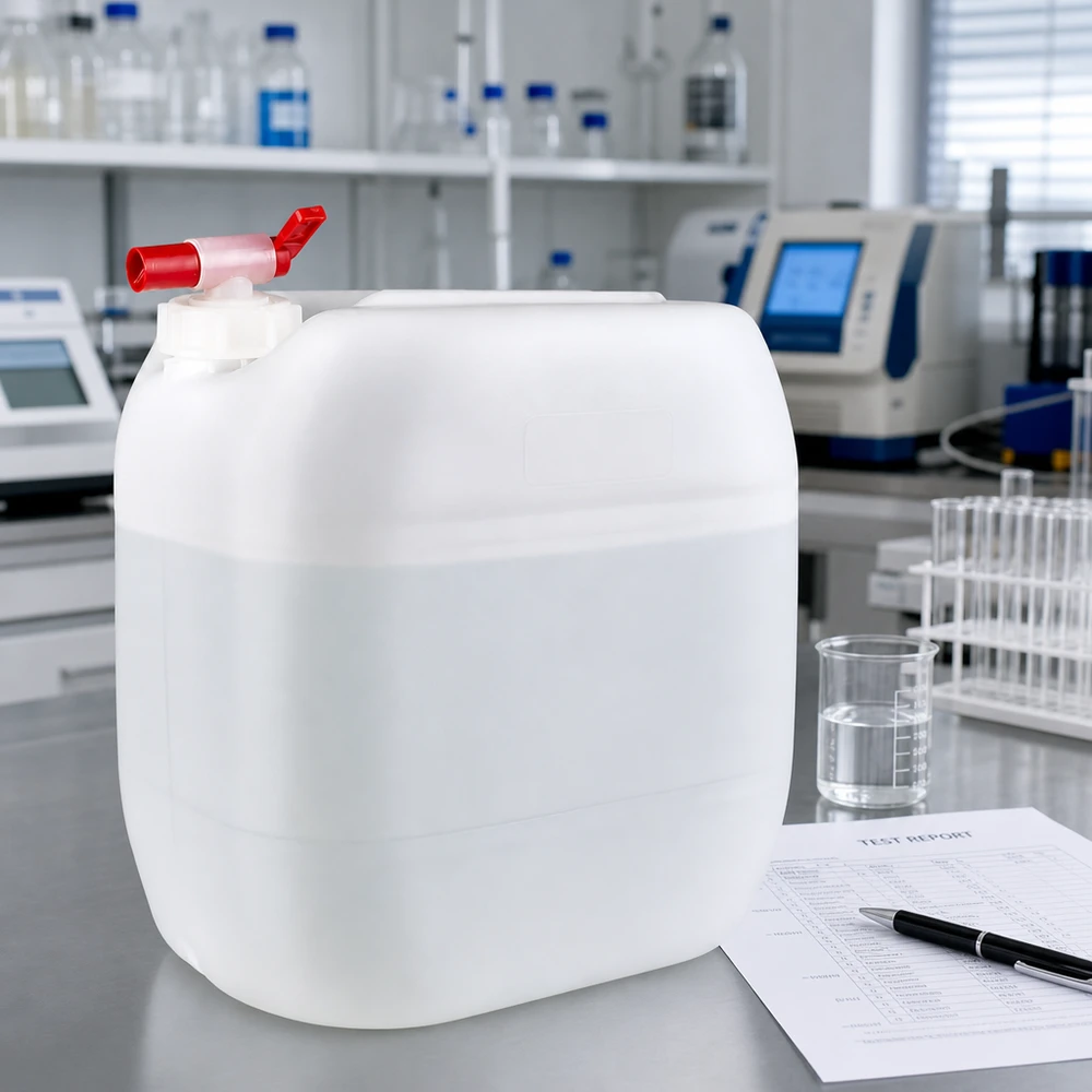 Jerrican de 30 litres avec robinet Bidon robuste de 30 litres muni d'un robinet, à côté d'un bécher et d'un rapport d'essai en laboratoire