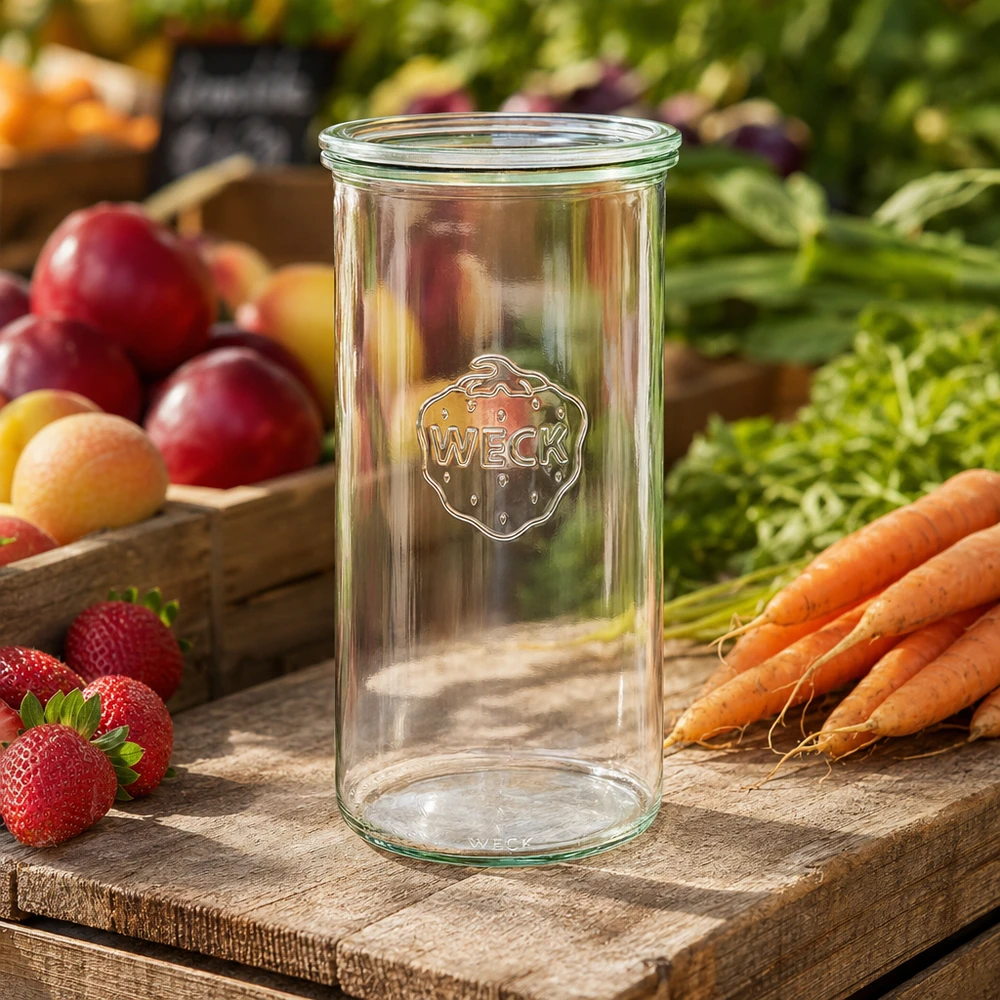 1500ml bocal conique avec bouchon en verre WECK RR100 WECK Verre renversé 1500ml RR100 sur planche en bois avec fruits frais légumes fraises carottes décoration naturelle de cuisine