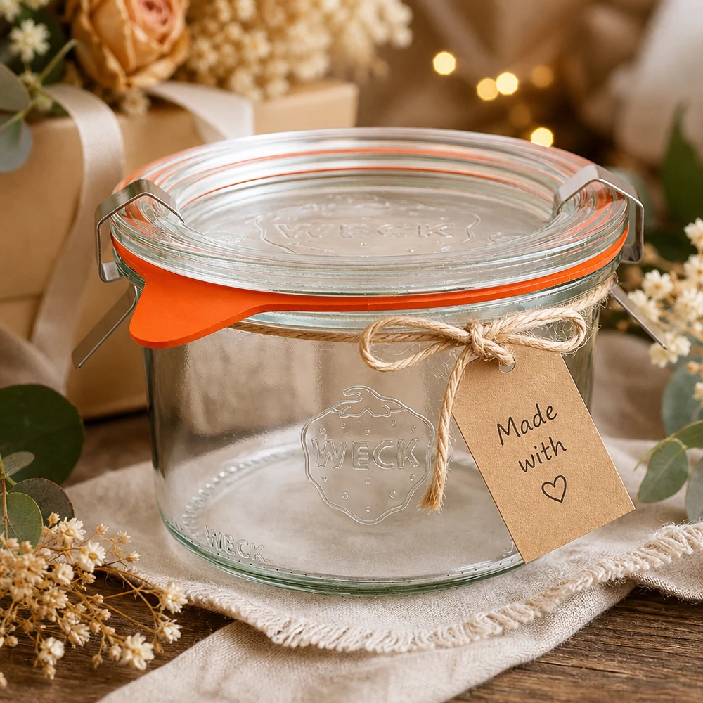WECK Verre renversé 200ml RR80 comme idée cadeau décoré avec un pendentif en papier kraft Made with Love et des fleurs séchées