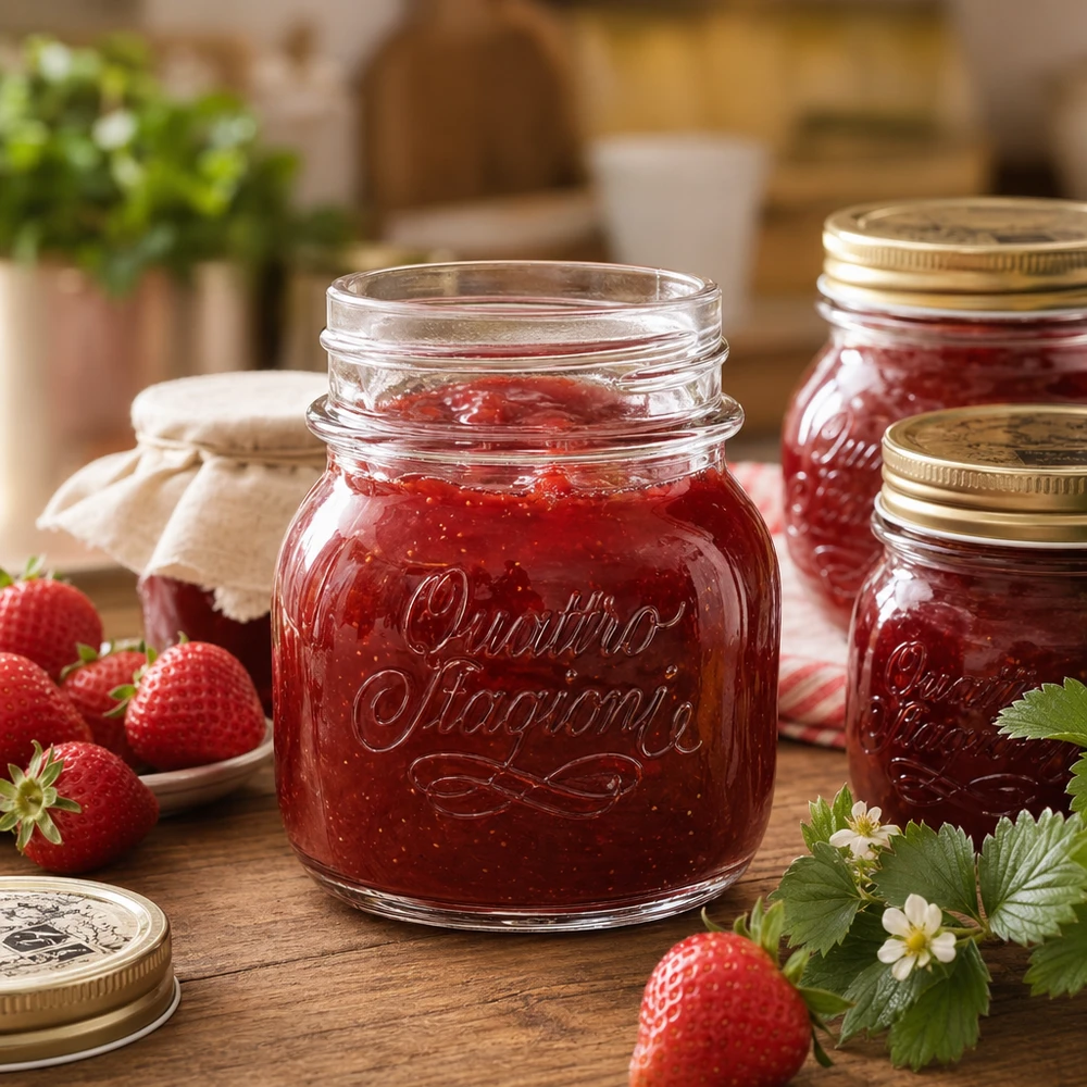 Quattro Stagioni 150ml pot ménager rempli de confiture de fraise à côté de fraises fraîches sur table en bois