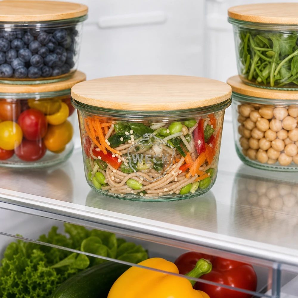 Pot de 80ml WECK RR60 avec couvercle en bois WECK Pot renversé 80ml RR60 avec couvercle en bambou Réfrigérateur Meal Prep Organisation des réserves Conserver les légumes et les pâtes au frais