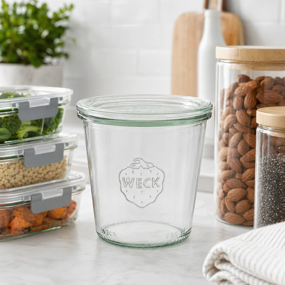 290ml bocal conique haut avec bouchon en verre WECK RR80 WECK Verre renversé 290ml RR80 dans une cuisine moderne avec des bocaux de conservation pour les noix et les aliments