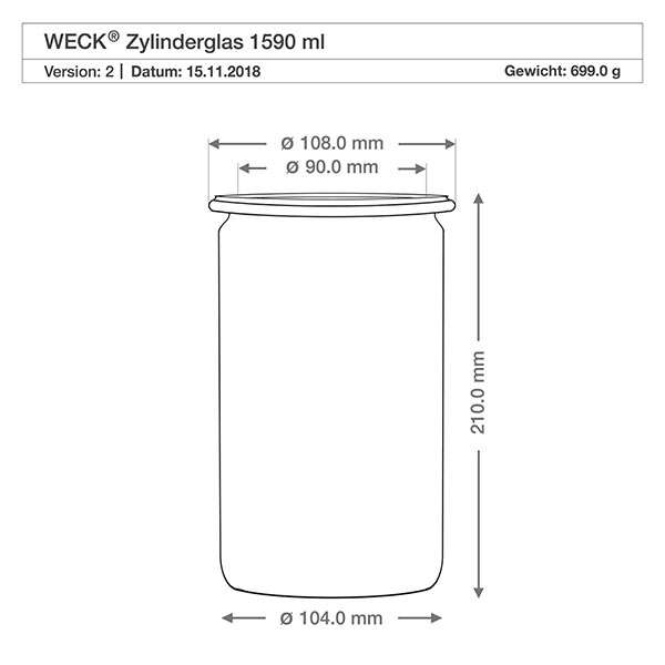 Dessin technique WECK pot cylindrique 1590ml RR100 avec cotes et dimensions pour fermeture boule en bois