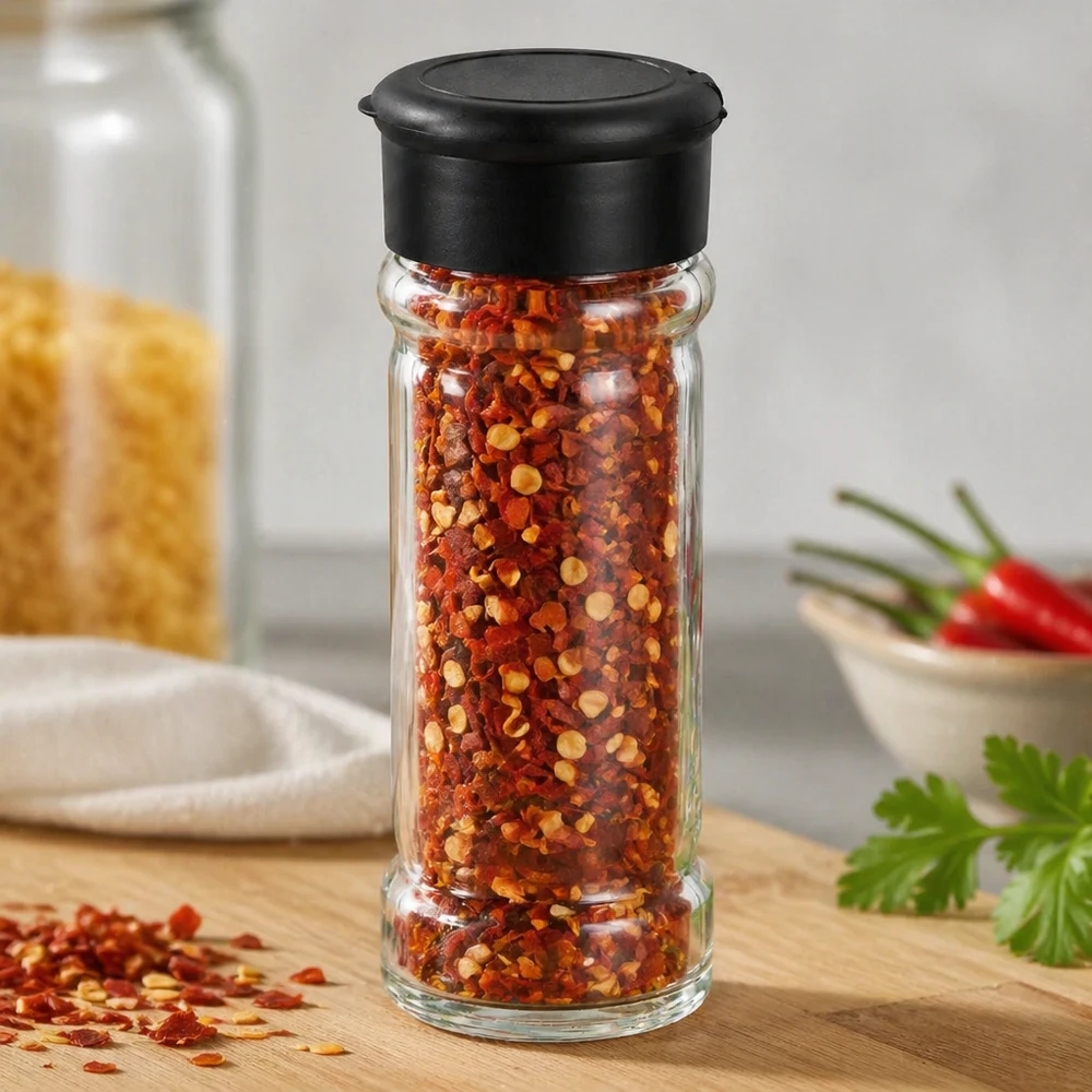 Bocal de 100 ml contenant des flocons de piment, muni d'un couvercle saupoudreur noir, posé sur une planche en bois à côté de piments frais