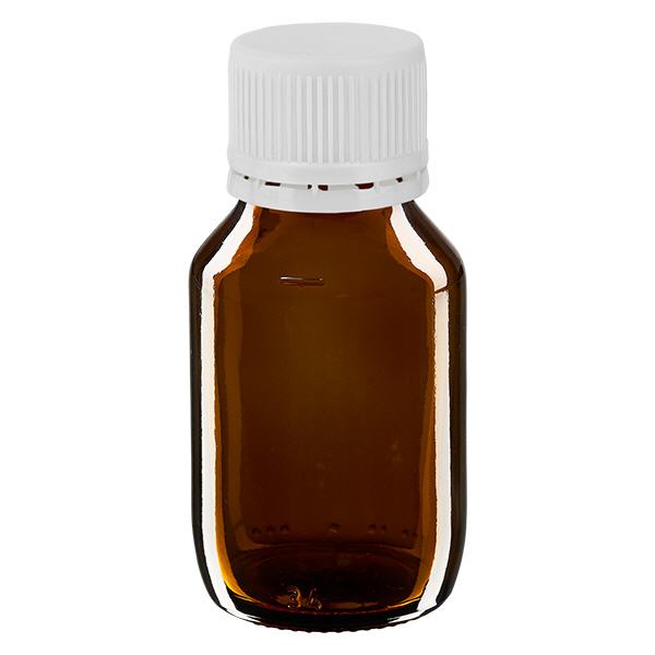Bouteille à usage médical de 50 ml, marron, avec bouchon blanc d'origine Bouteille à usage médical de 50 ml, marron, avec bouchon blanc d'origine