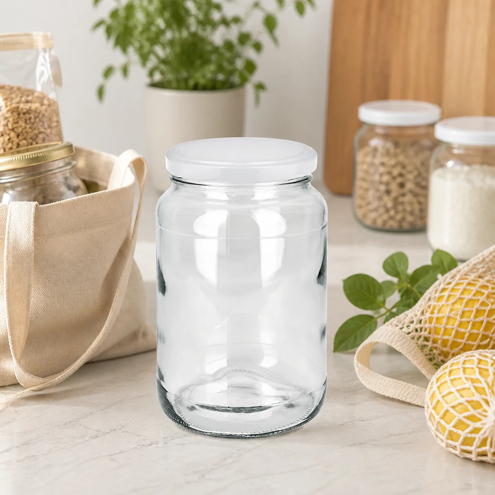 1700ml Verre rond avec couvercle BasicSeal blanc UNiTWIST Bocal rond de 1700ml avec couvercle BasicSeal dans la cuisine durable Zero-Waste avec sacs Mesh et bocaux à provisions