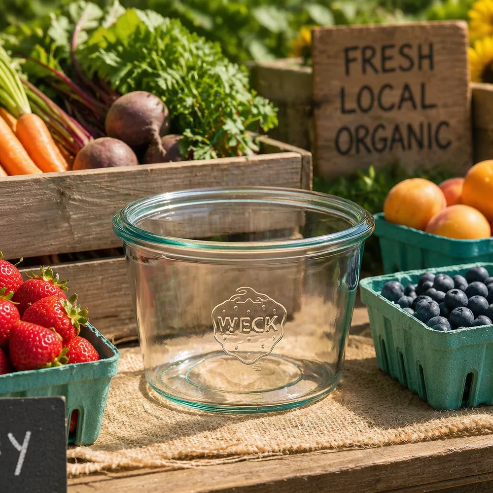 370ml bocal conique WECK RR100 WECK Verre renversé 370ml RR100 sur table en bois avec fruits frais bio Fraises Myrtilles et légumes