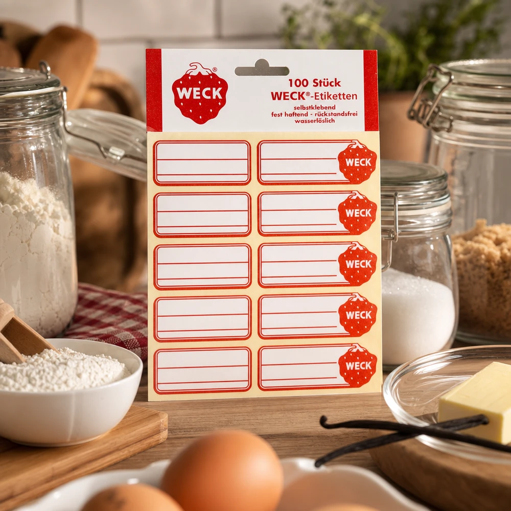 WECK Étiquettes Paquet de 100 autocollants rouges dans la cuisine avec bocaux de stockage œufs beurre céréales ingrédients de cuisson