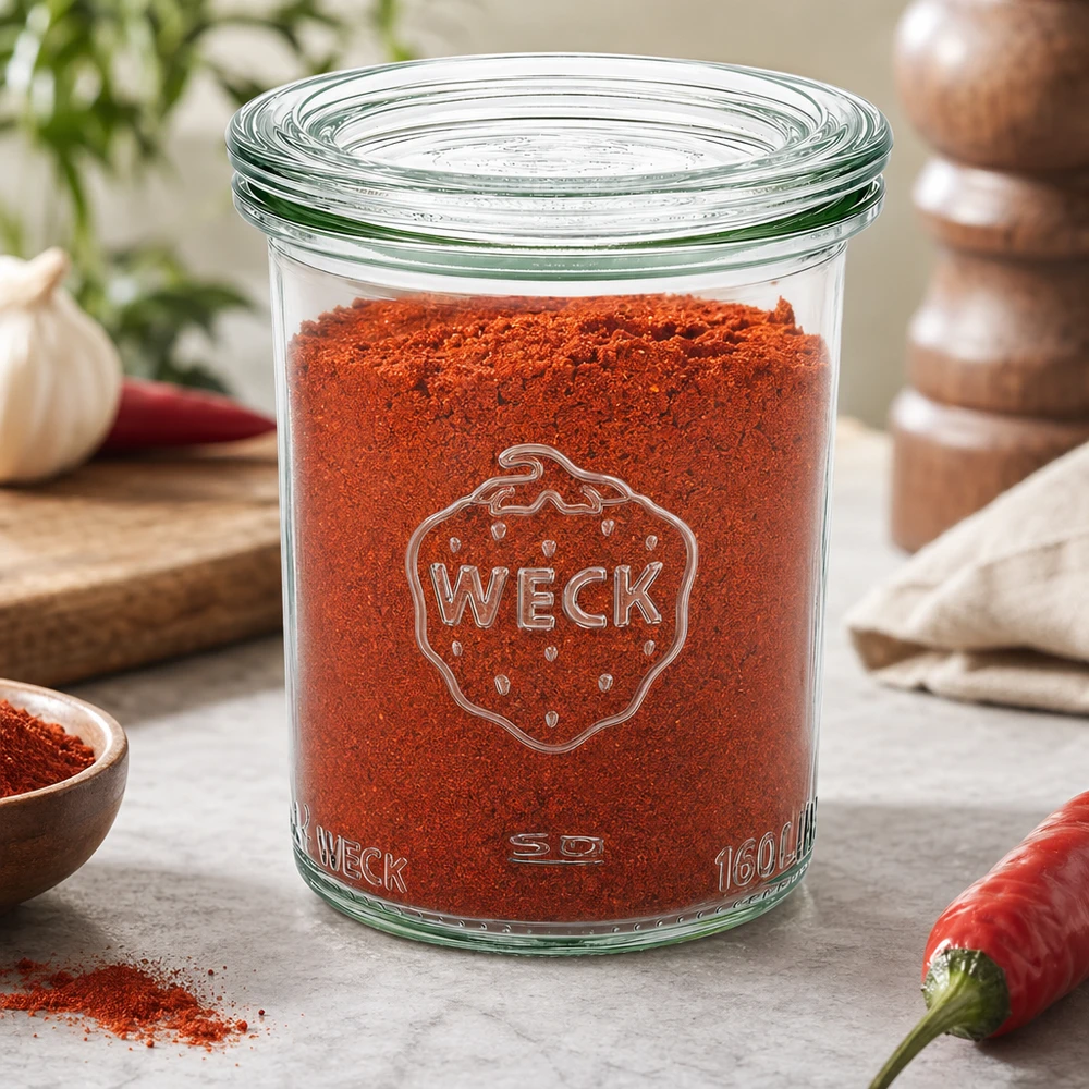 WECK Pot renversé 160ml RR60 rempli de poudre de paprika rouge en cuisine avec chili, ail et moulin à épices