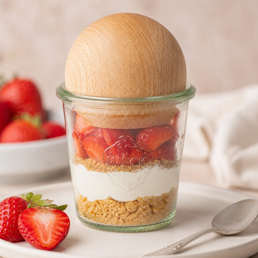 290ml bocal conique haut WECK RR80 avec boule en bois en hêtre WECK Verre renversé 290ml RR80 Verre à dessert avec fond de biscuit fraise crème et bouchon boule de hêtre