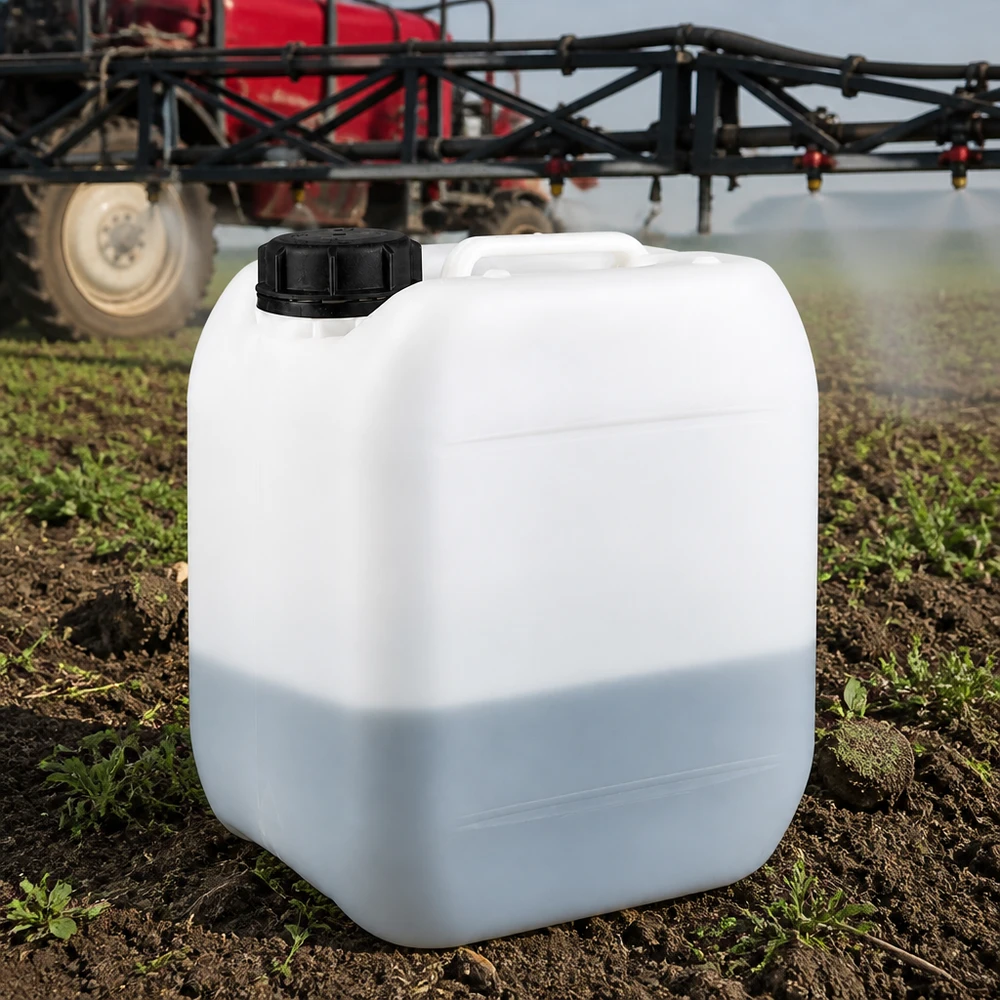Jerrican de 5 litres avec bouchon à vis Bidon en plastique blanc de 5 litres avec bouchon à vis, utilisé dans le cadre d'une activité agricole à côté d'un tracteur
