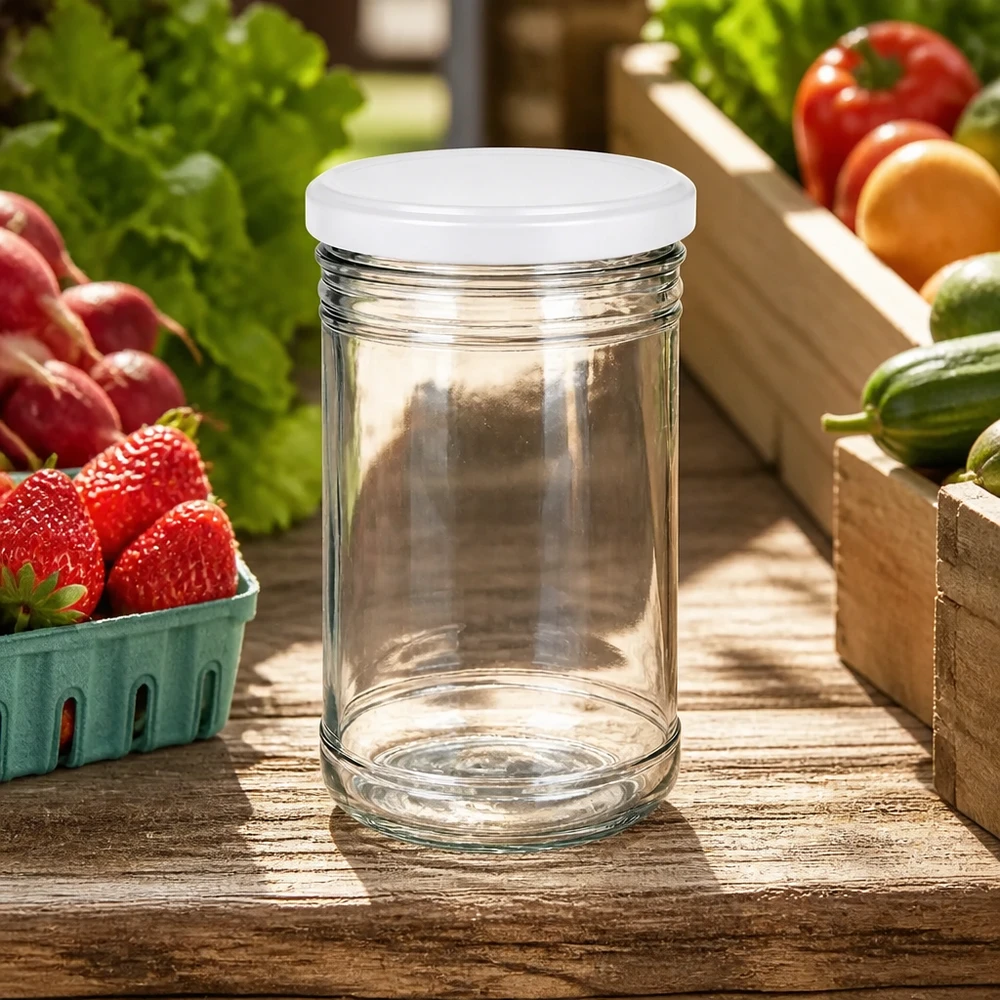 1053ml bocal vide sur table en bois avec des fruits et légumes frais montre l'environnement de cuisine idéal pour la préparation des repas et le stockage.