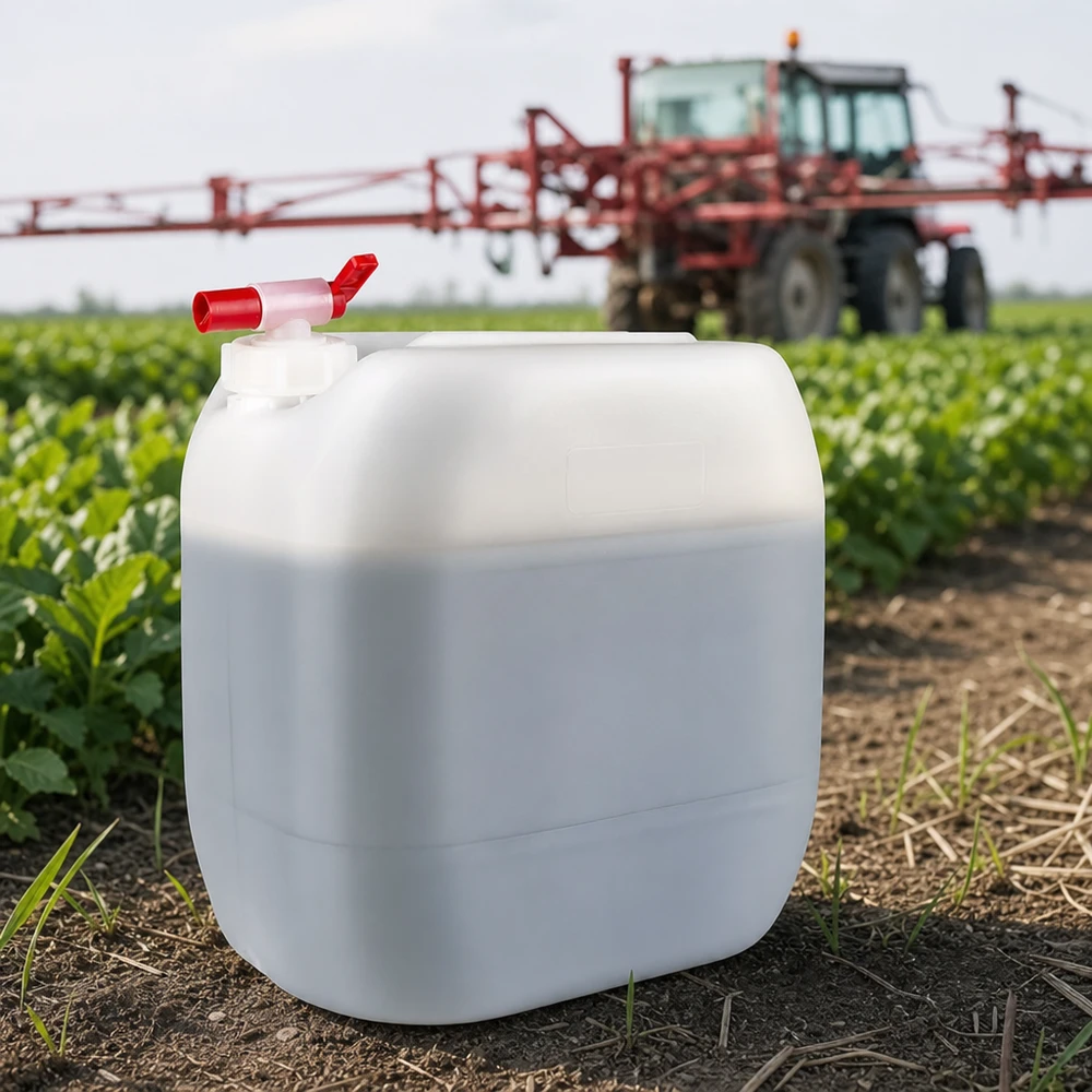 Jerrican de 30 litres avec robinet Bidon de 30 litres muni d'un robinet de vidange, utilisé dans le cadre d'une application agricole à côté d'un pulvérisateur agricole