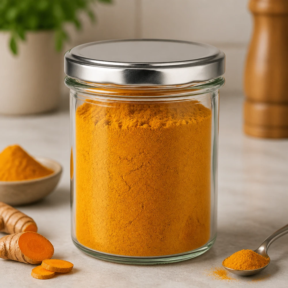 350ml Verre conique avec couvercle BasicSeal argent UNiTWIST Bocal en verre de 350ml avec couvercle BasicSeal argenté rempli de poudre de curcuma à côté de racines de curcuma fraîches Bocal à épices