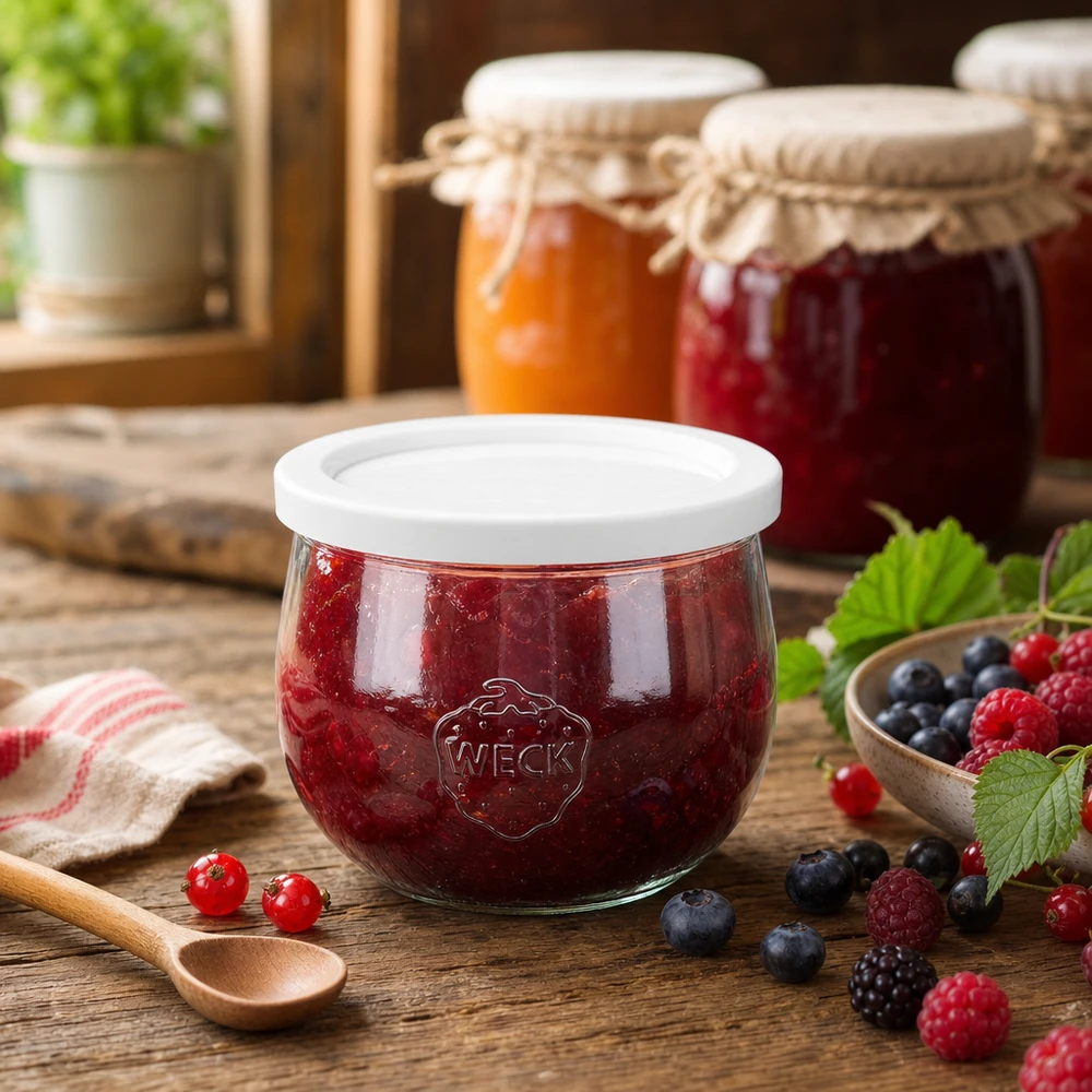 580ml bocal tulipe avec couvercle fraîcheur WECK RR100 WECK Pot tulipe 580ml RR100 rempli de confiture de baies dans une cuisine rustique avec des fruits frais et des bocaux de conservation