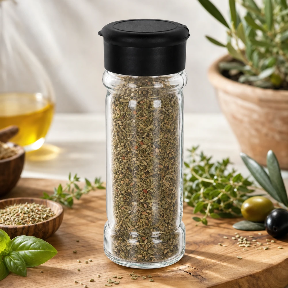Pot à sel/épices 100 ml avec saupoudreuse, noir Bocal rempli d'herbes aromatiques de 100 ml, muni d'une saupoudreuse noire, posé sur une planche en bois à côté de brins d'olivier frais