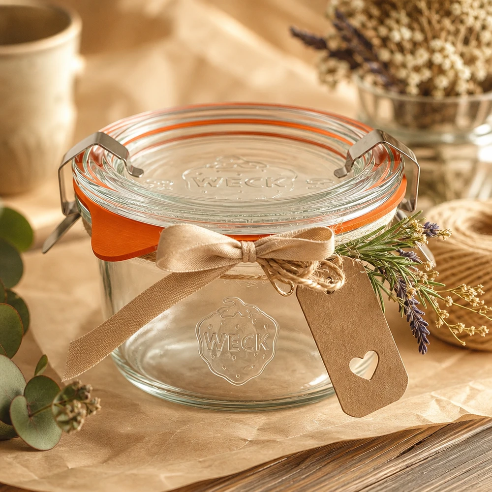 50ml bocal conique complet WECK RR60 WECK 50ml verre renversé RR60 arrangé de manière décorative avec un ruban et de la lavande comme idée de cadeau sur une table en bois rustique