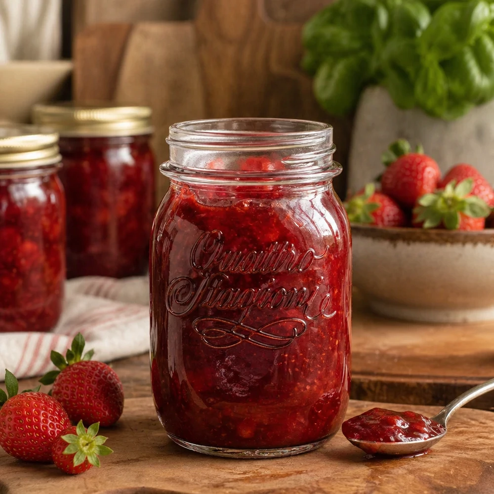 500ml Quattro Stagioni Pot ménager rempli de confiture de fraises sur table en bois avec fraises fraîches