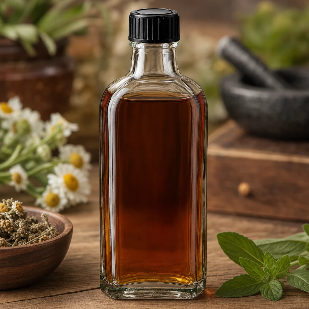 Flacon Meplat transparent de 100 ml avec joint LKD, à côté d'herbes et d'un mortier posés sur un socle en bois