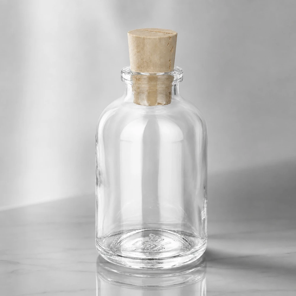Flacon en verre clair 50 ml avec bouchon de liège 11/14 mm Hochwertige Glasflasche 50ml mit luftdichtem Korken 11/14mm seitliche Ansicht