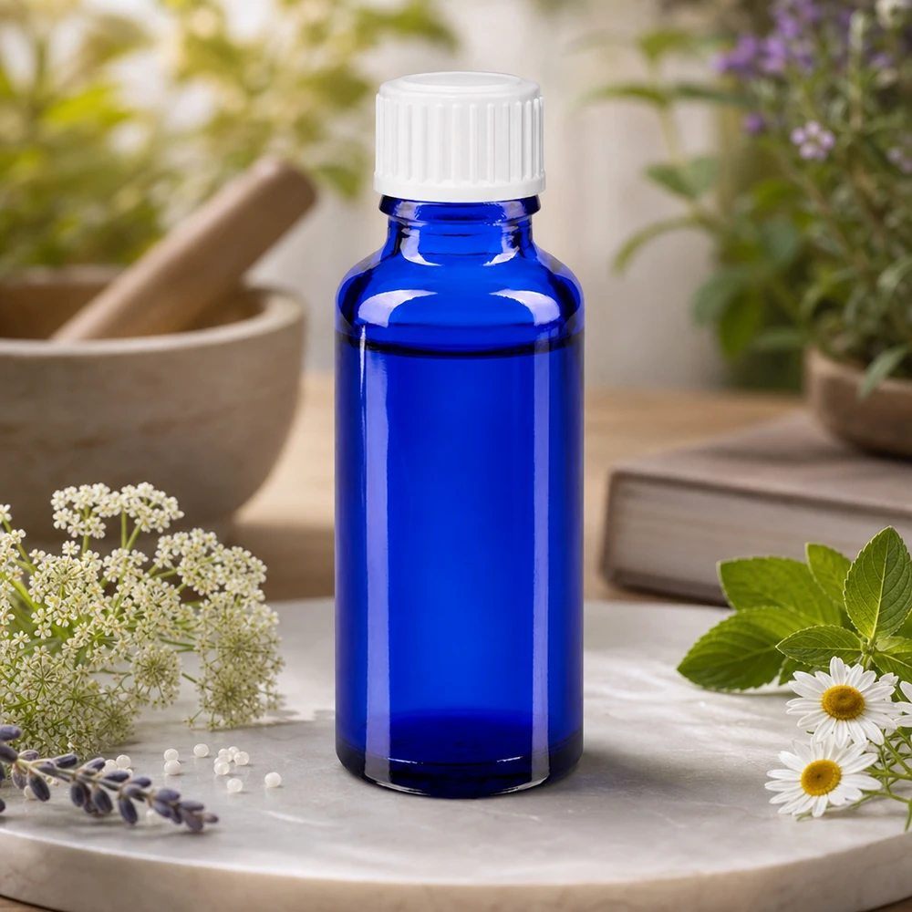 Petit flacon de pharmacie bleu de 30 ml avec un bouchon blanc standard, parmi des plantes médicinales