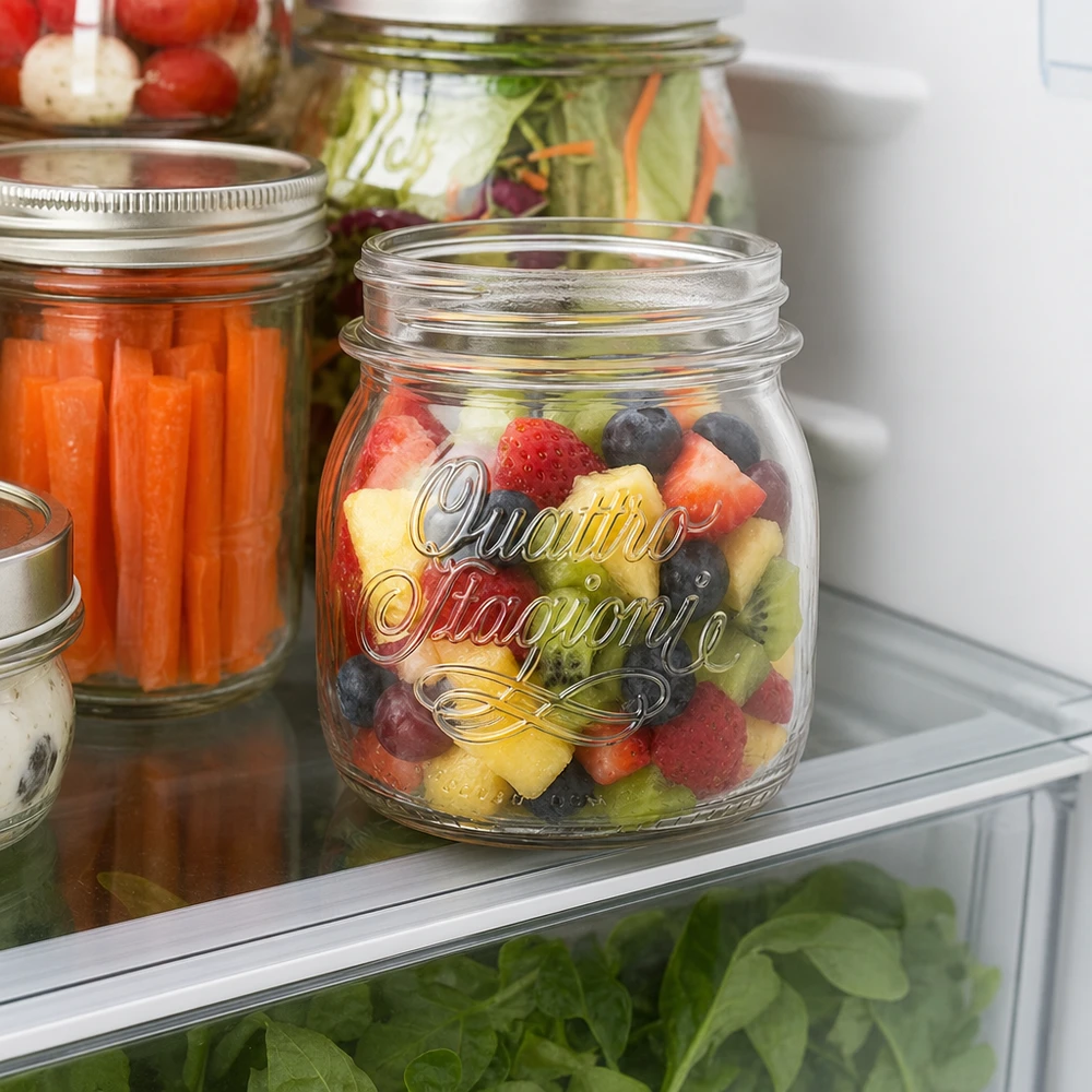 250ml Verre rond "Quattro Stagioni" QS70mm 250ml Quattro Stagioni Einmachglas mit buntem Obstsalat im Kühlschrank - perfekt für Meal Prep und Vorratshaltung
