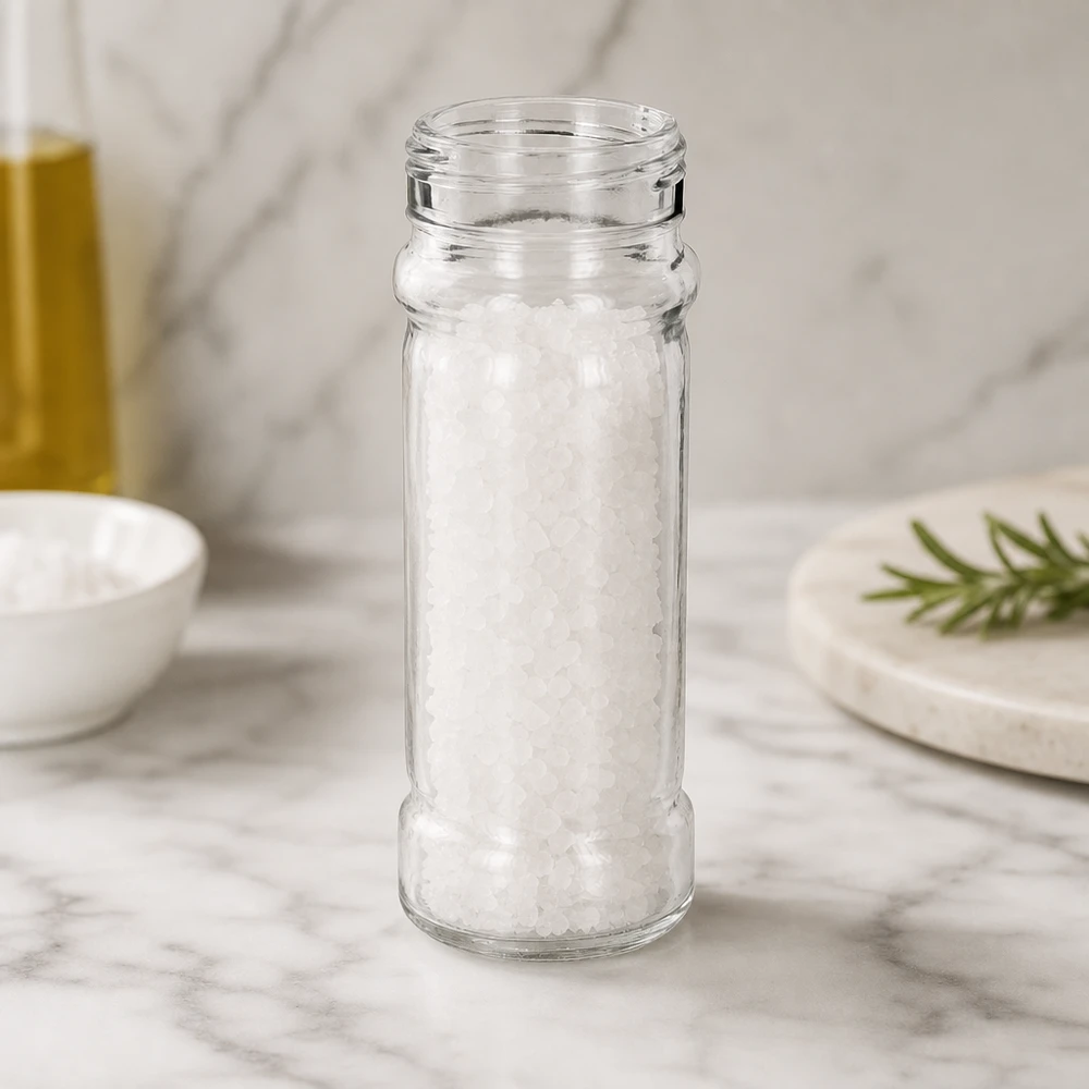 Vase à sel « Mary » de 100 ml rempli de gros sel marin, posé sur un plateau en marbre blanc