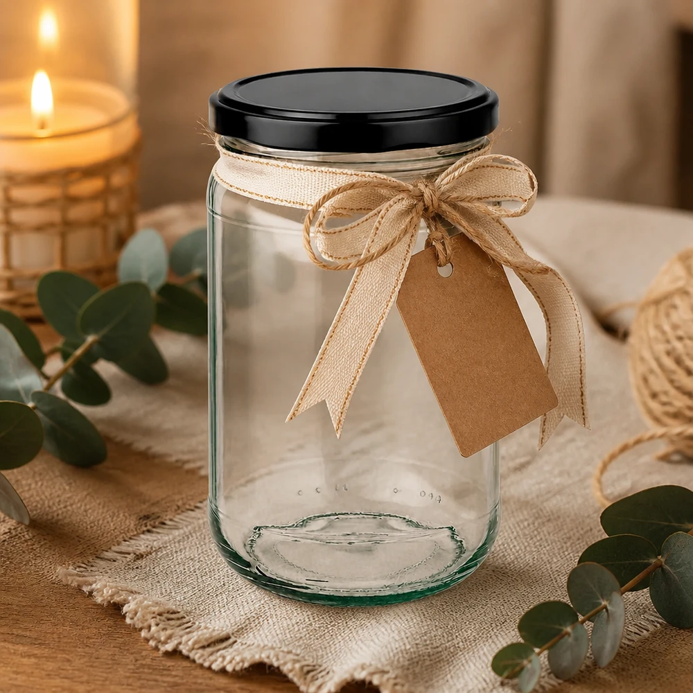 305ml Verre rond avec couvercle BasicSeal noir UNiTWIST Verre rond 305ml UNiTWIST avec couvercle noir décoratif avec ruban et pendentif dans une atmosphère chaleureuse