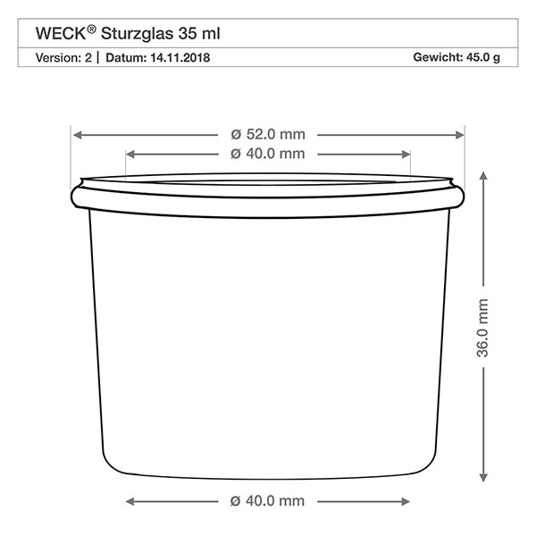35ml bocal conique complet WECK RR40 Dessin technique WECK verre renversé 35ml RR40 avec dimensions, diamètre 40mm et 52mm, hauteur 36mm, poids 45g