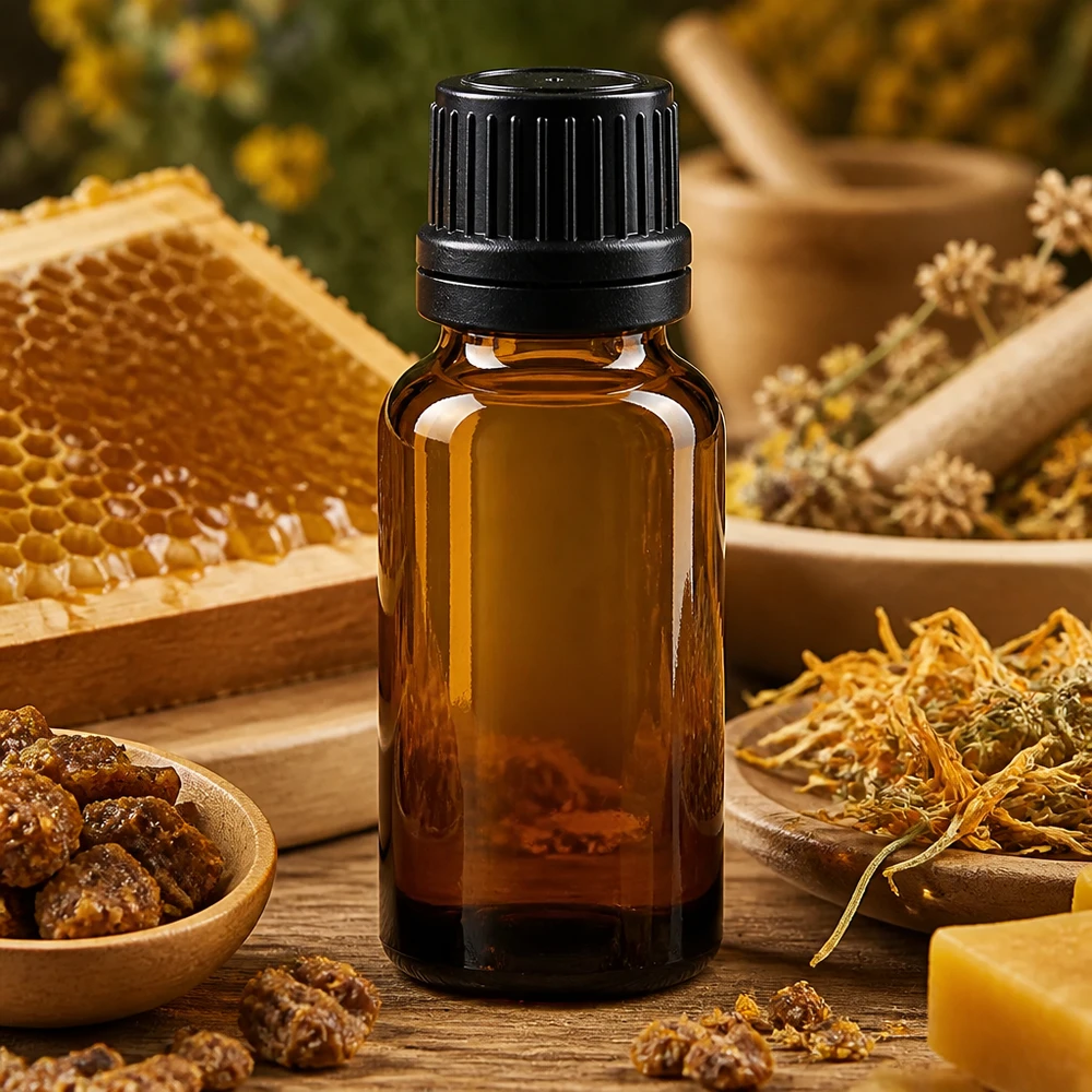Flacon de pharmacie opaque de 20 ml en verre ambré avec bouchon OV noir, idéal pour la médecine naturelle
