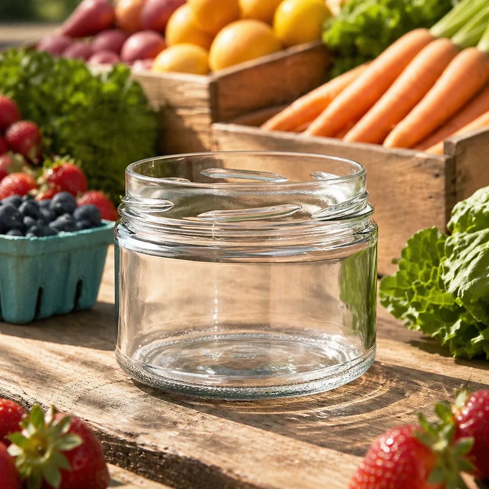 540ml Verre rond sans couvercle (TO100) UNiTWIST Verre ronda540 vide UNiTWIST 540ml TO100 sur table en bois avec fruits et légumes frais en arrière-plan