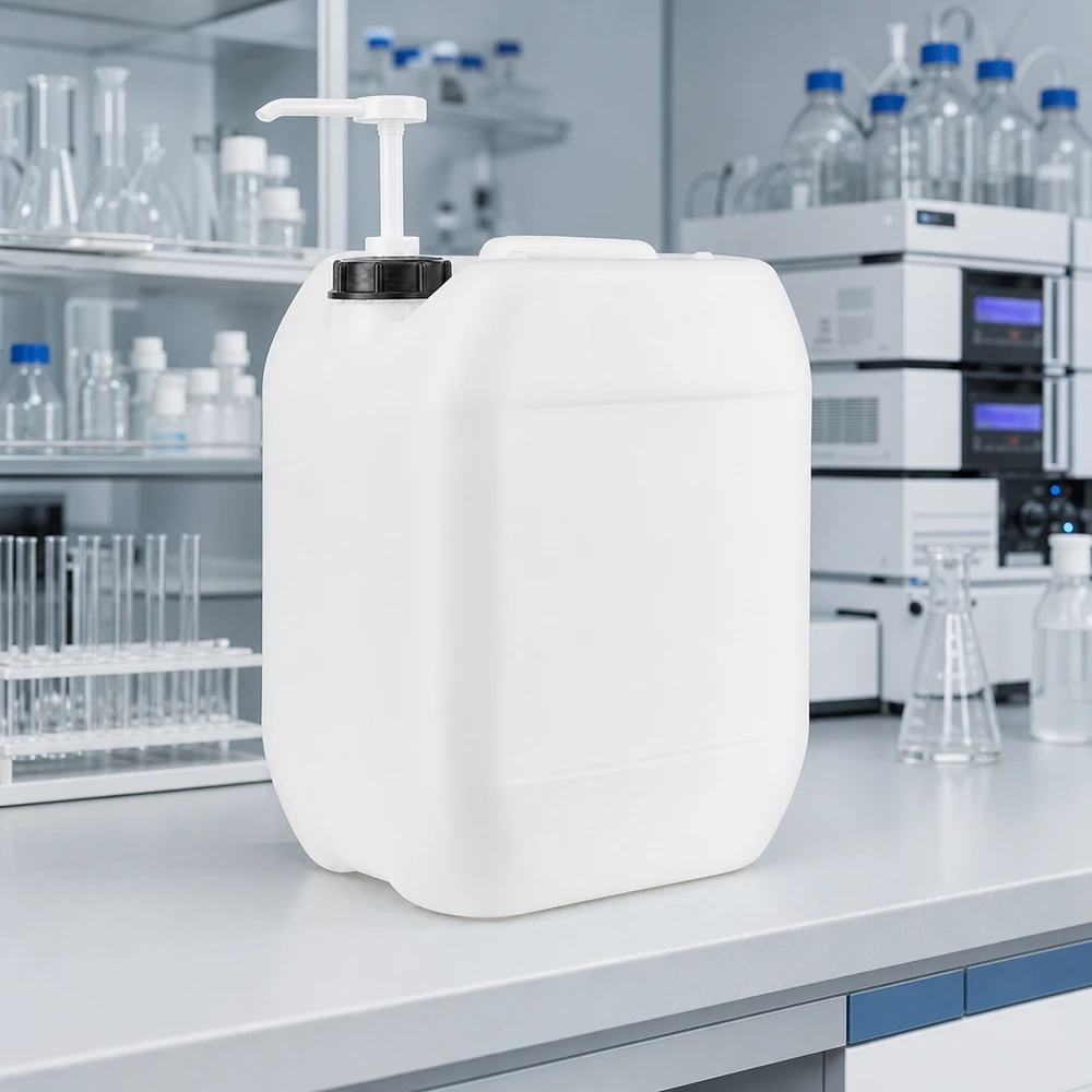 Bidon rectangulaire de 10 litres en plastique HDPE, muni d'un bouchon à vis noir et d'une pompe blanche