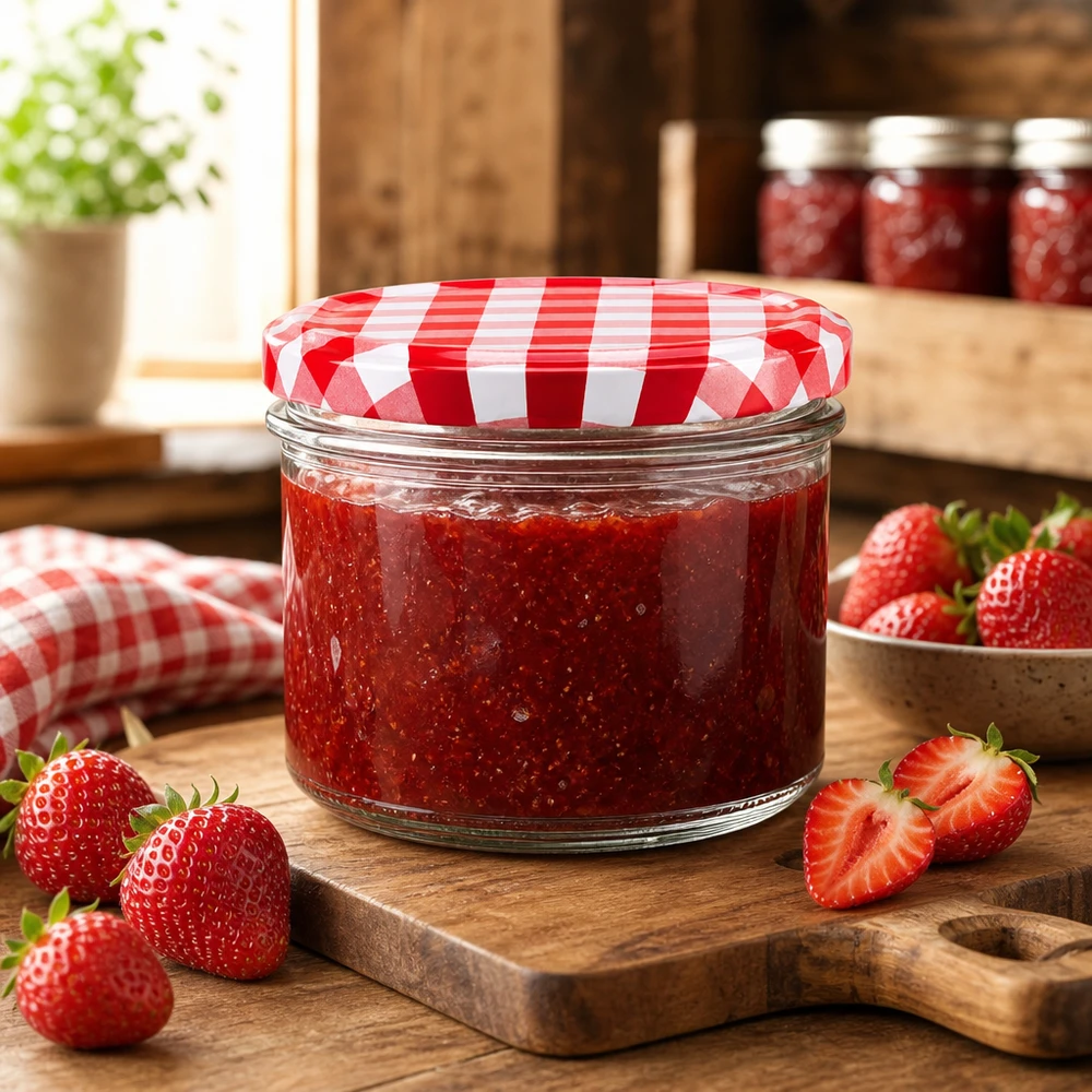 Pot renversé de 225 ml contenant de la confiture de fraises et un couvercle à carreaux rouge et blanc à côté de fraises fraîches sur une planche en bois