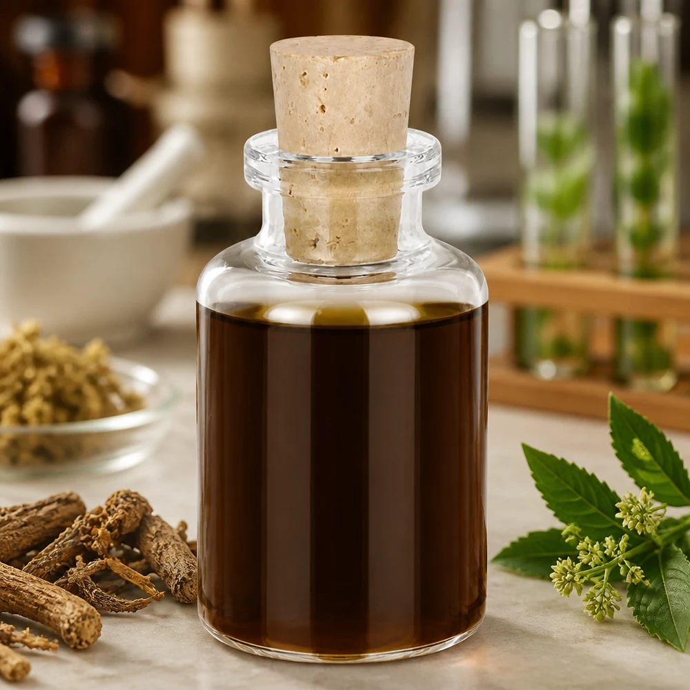 Handliche Klarglasflasche 30ml mit Naturkorken auf Marmorfläche mit botanischen Zutaten