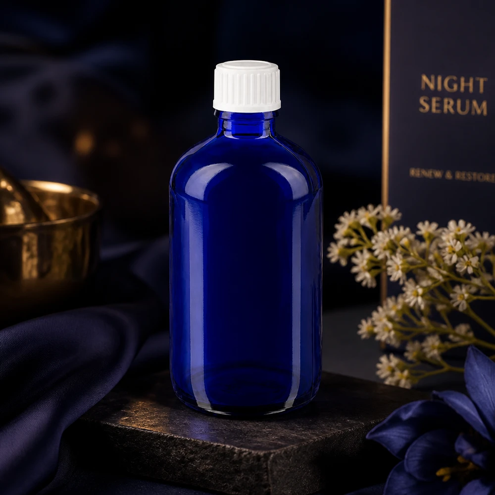 Flacon de pharmacie bleu 100ml bouchon vissable blanc standart Flacon en verre bleu de 100 ml avec bouchon standard blanc, destiné à contenir le sérum de nuit