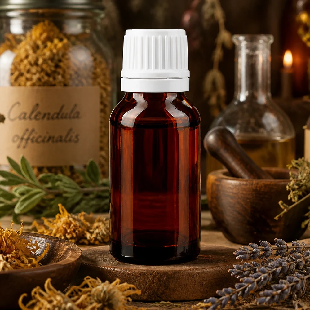 Flacon en verre brun 15ml avec bouchon à vis blanc VR Flacon de pharmacie de 15 ml en verre ambré avec bouchon à vis blanc, entre des herbes séchées et un mortier
