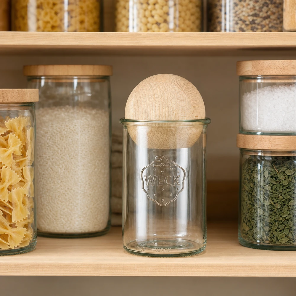 1000ml bocal conique WECK RR100 avec boule en bois en hêtre WECK Vorratsglas 1000ml RR100 mit Buchenkugel in moderner Küche zwischen Pasta, Reis und Gewürzen zur stilvollen Aufbewa