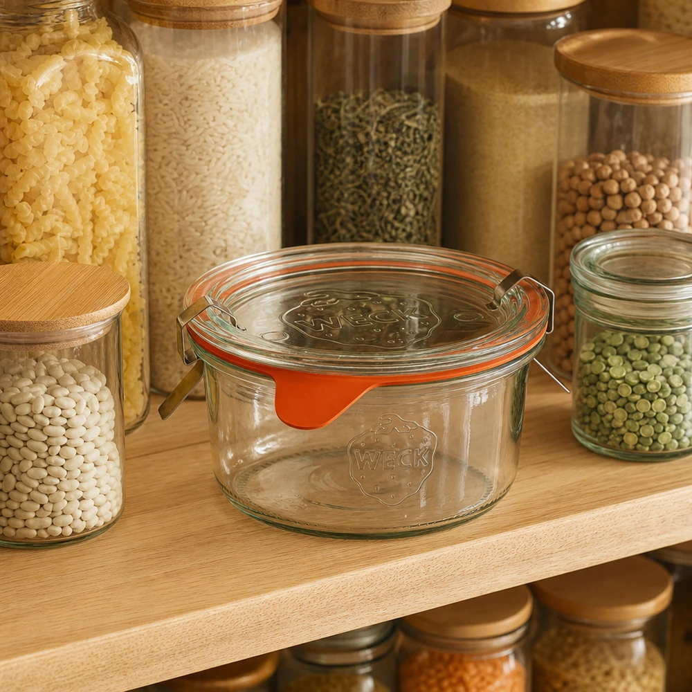 165ml bocal conique complet WECK RR80 WECK Pot renversé 165ml RR80 dans un garde-manger organisé entre les bocaux de riz, lentilles et épices
