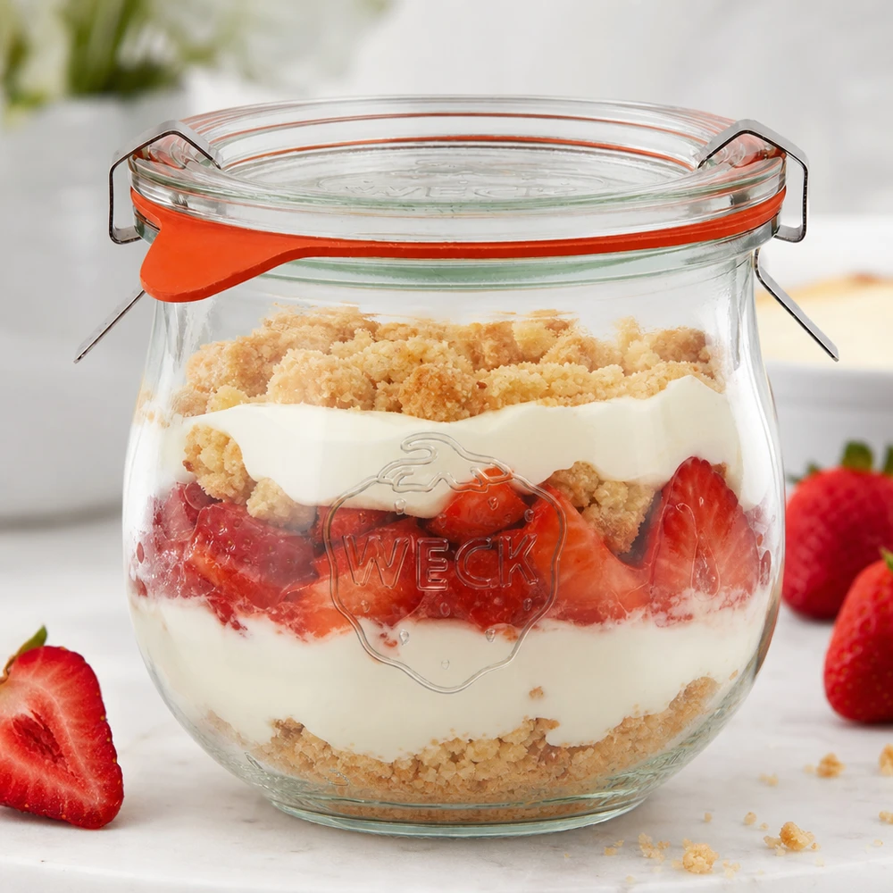 WECK Verre tulipe 370ml RR80 comme verre à dessert rempli de fraises et de vermicelles à côté de fruits frais
