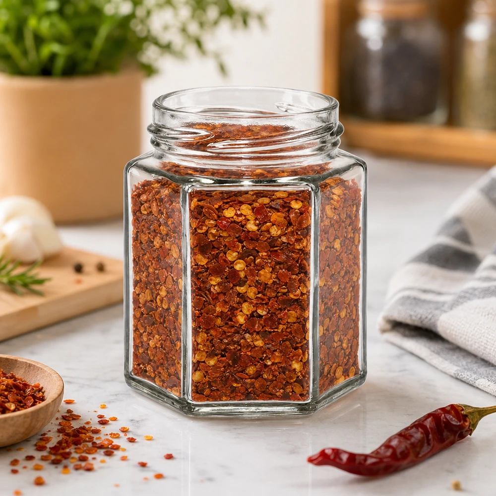 UNiTWIST Hexa196 pot à épices hexagonal 196ml rempli de flocons de piment sur plan de travail de cuisine