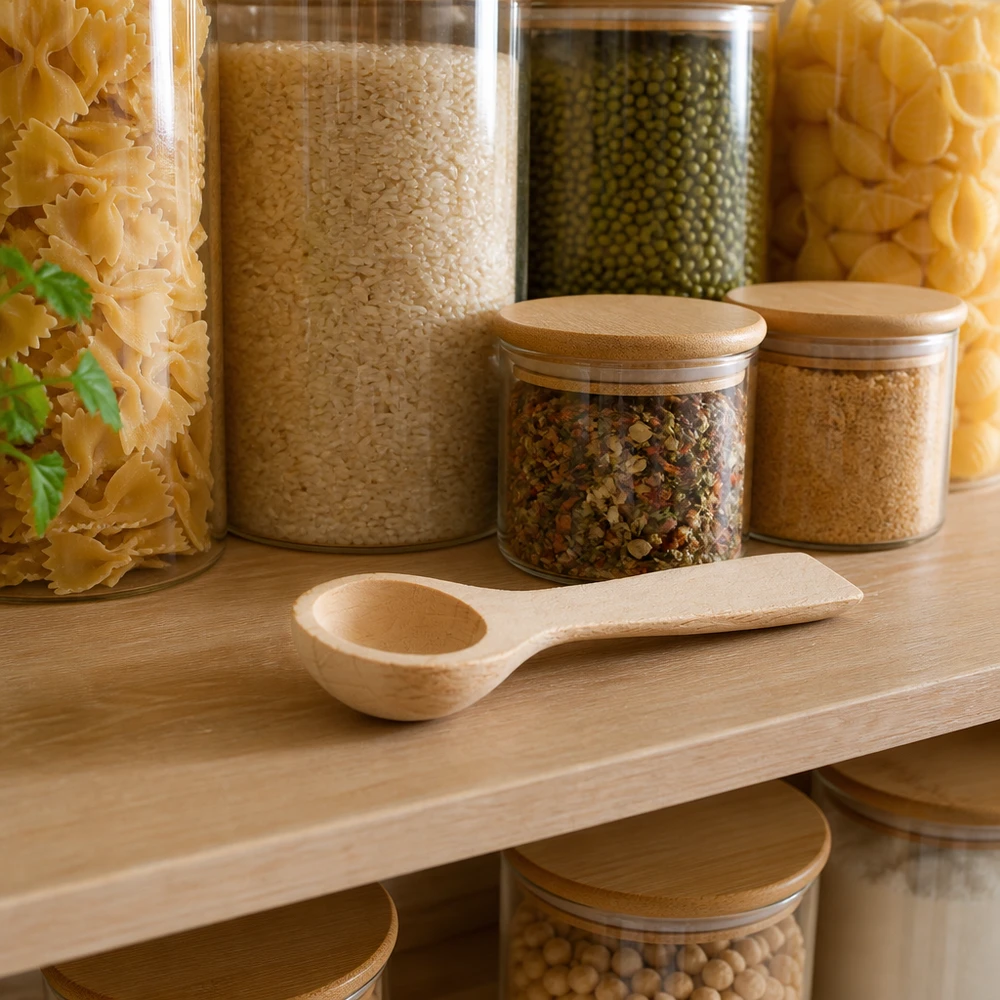 Pelle en bois taille S en forme de cuillère - 77mm de long Pelle en bois S dans cuisine de réserve avec pâtes riz lentilles épices rangement organisé ustensile de cuisine durable