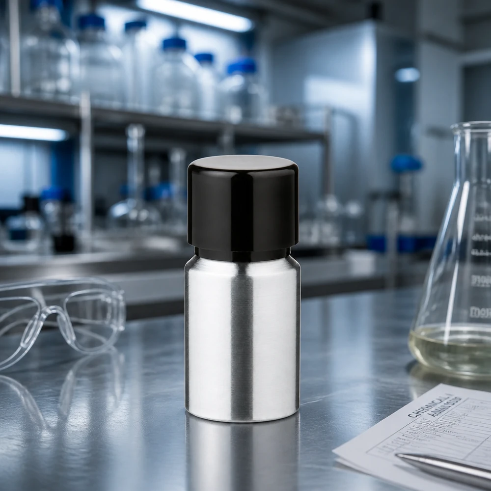 Bouteille en aluminium poncé 10 ml, avec bouchon à vis noir et joint conique Bouteille en aluminium de 10 ml fabriquée avec précision et dotée d'un bouchon anti-fuite pour la recherche et le développement