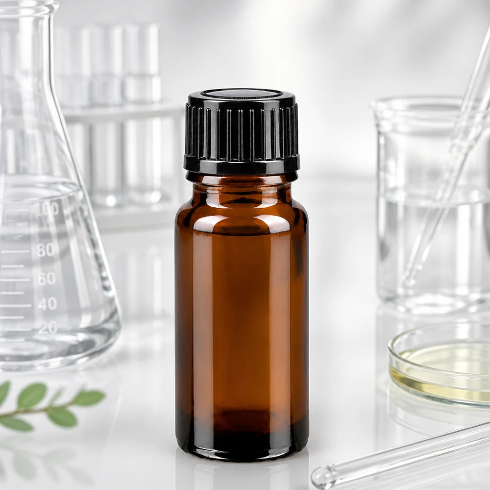 Flacon de pharmacie brun 10ml bouchon compte-gouttes 1mm noir standard Flacon de pharmacie de 10 ml en verre ambré avec bouchon STD noir et orifice compte-gouttes de 1 mm, en laboratoire