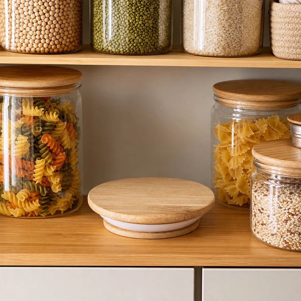 Couvercle en bois WECK RR40 chêne naturel dans cuisine à provisions organisée avec bocaux pour pâtes riz et légumes secs