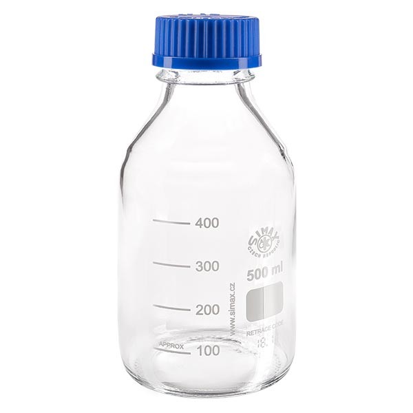 Bouteille à vis de laboratoire 500 ml + bouchon bleu + bague Bouteille à vis de laboratoire 500 ml + bouchon bleu + bague